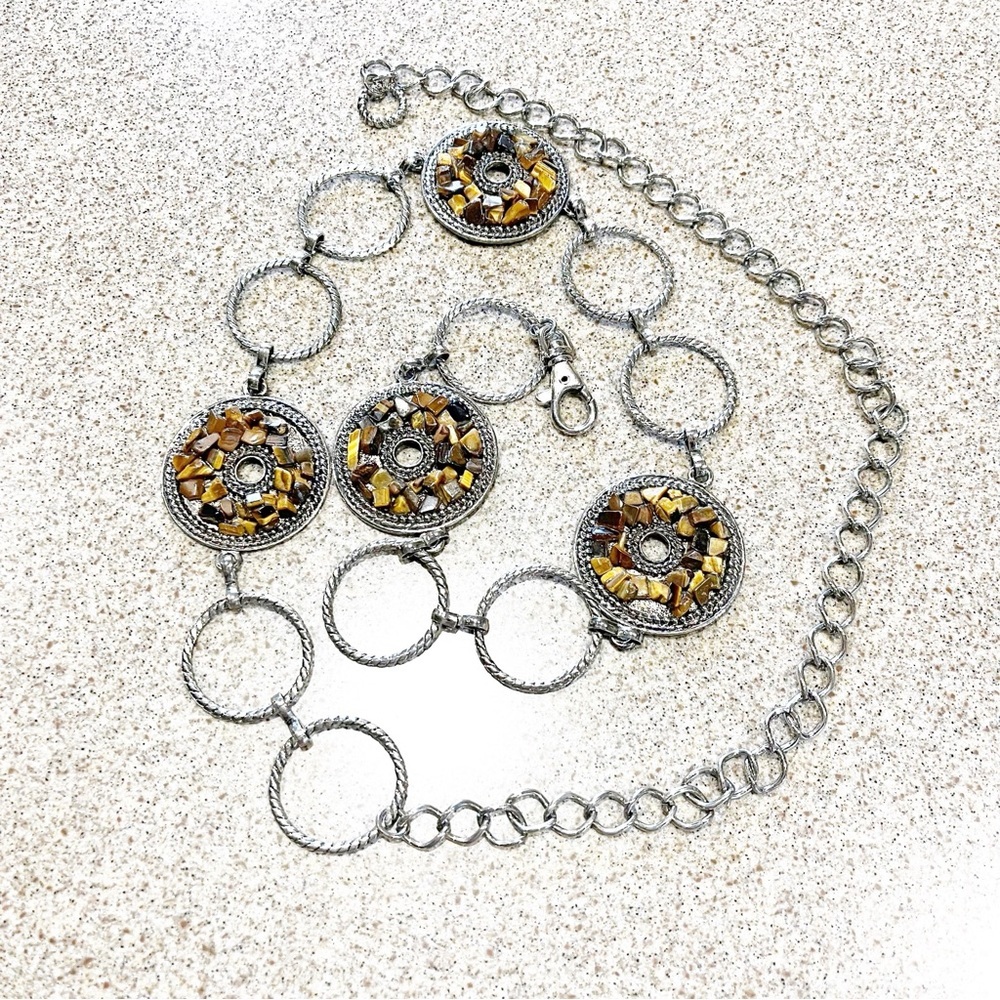 Vintage Retro Chain Belt Silver & Pebbled Mosaic Discs Statement Women’s 48”